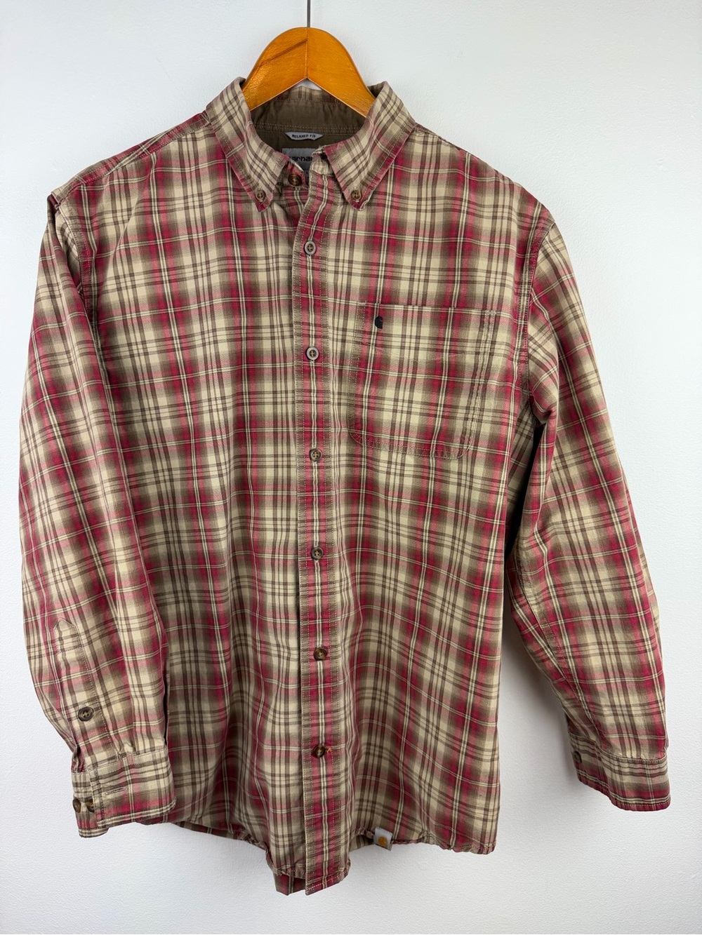 Carhartt Red and Tan Plaid Long Sleeve Button Down Shirt Relaxed Fit